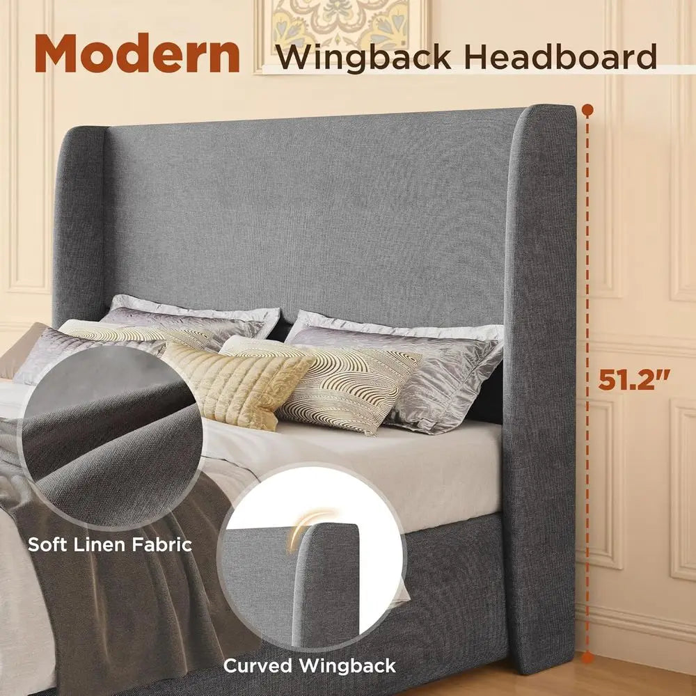 King Size Lit Storage Bed with 51.2 Wingback, Linen Upholstered, Hydraulic Lift, Metal Frame, No Box Spring Needed, Grey