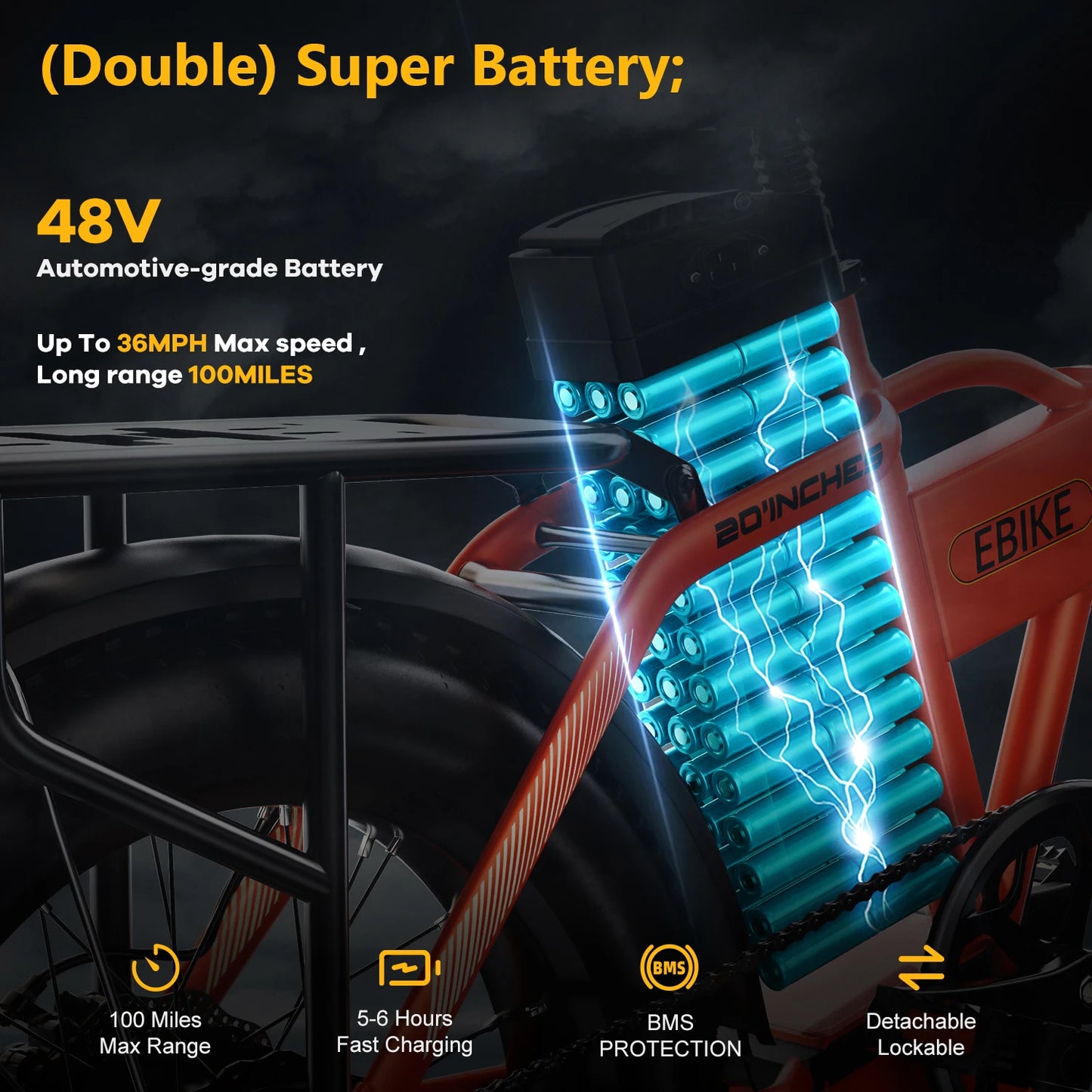1000W Peak Folding Eletric Bike, 48V 20ah Detachable Battery, 7-Speed Urban Commuter, 20" fat tire Camping Long Range E-Bike EK4