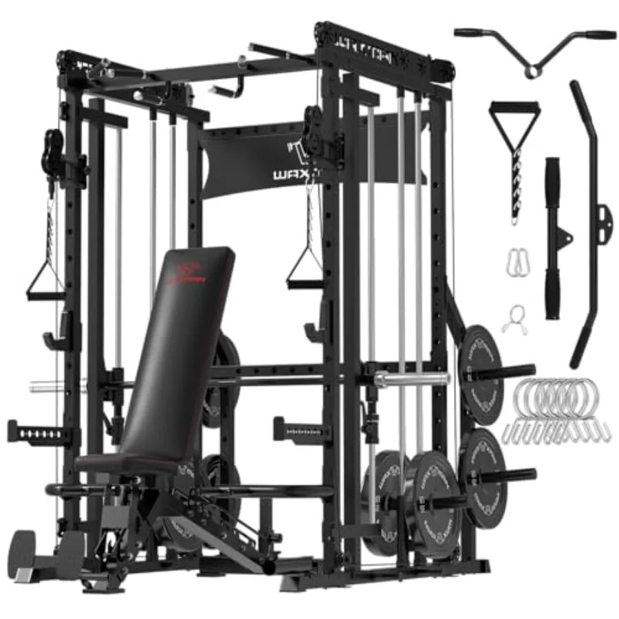 Smith Machine 2200lbs Squat Rack with Pull Down System Cable Crossover Machine Steel Black Training Equipment with Leg Hold and