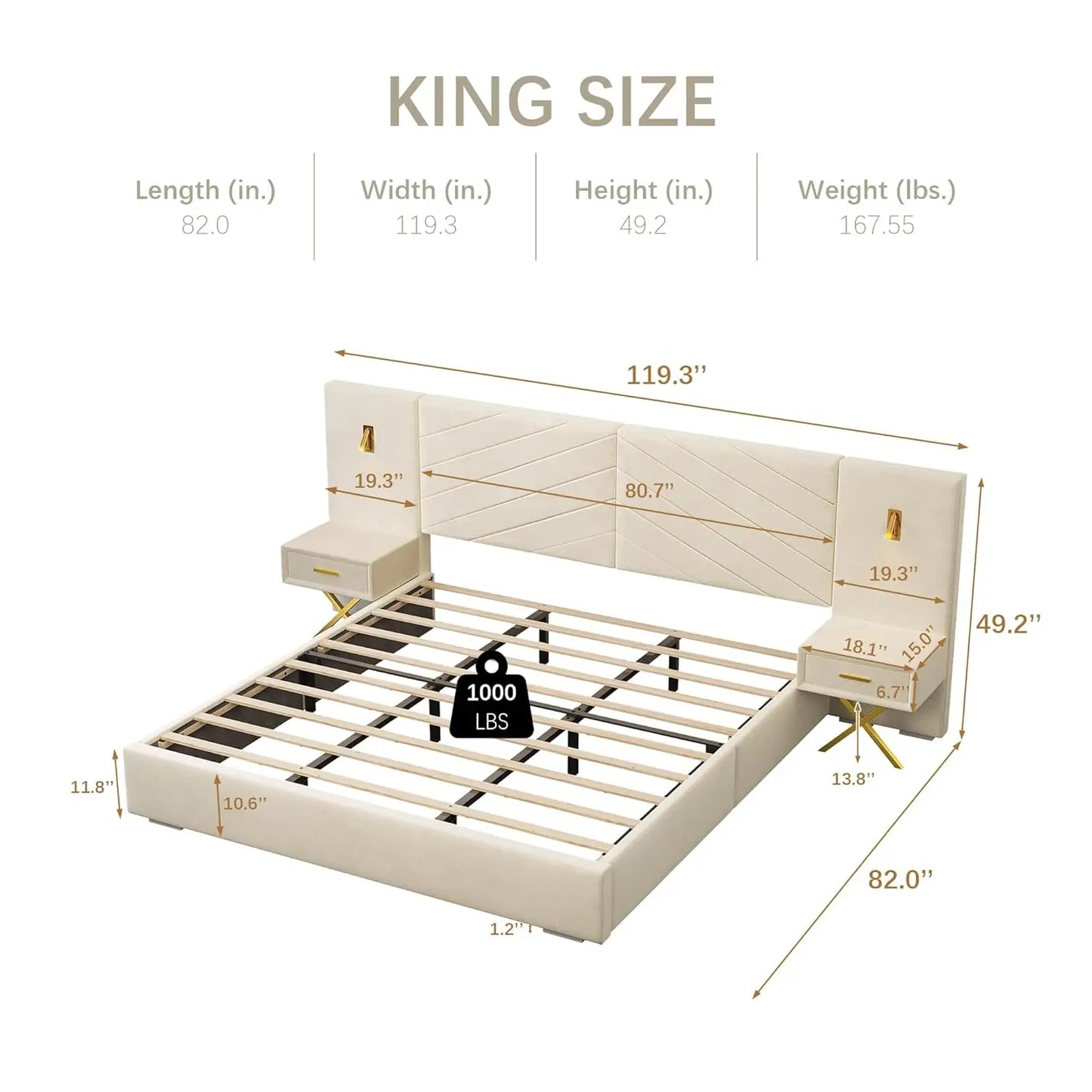 Luxurious King Platform Bed Frame, Velvet Upholstered Headboard with 2 Built-in Wall Sconces & Nightstands, Sturdy, Customized