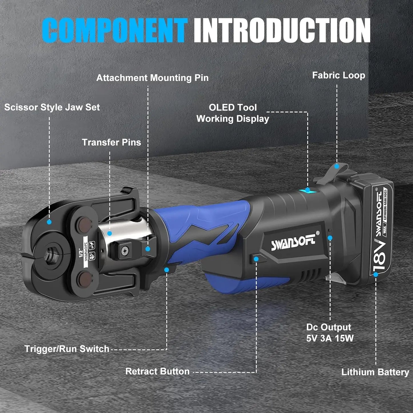 SWANSOFT ProPress Tool,18V 4Ah Battery Electric Hydraulic Crimping Tool for Copper Pipes with 3 Jaws 1/2",3/4",1"for Plumbing