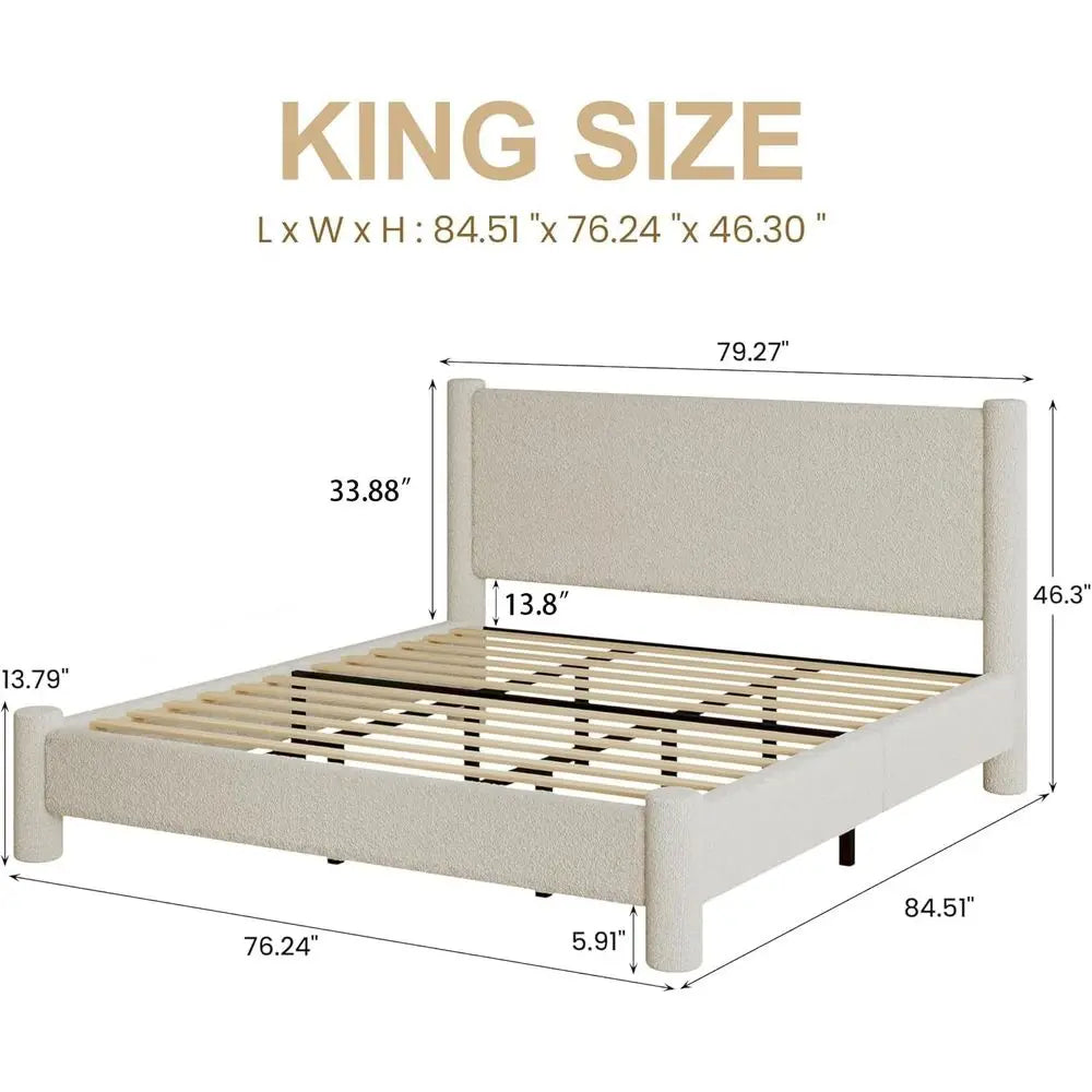 King Size Bed Frame with Tufted Headboard, Rounded Corner Upholstered Platform Bed Frame, No Box Spring Needed, Simple Assembly,