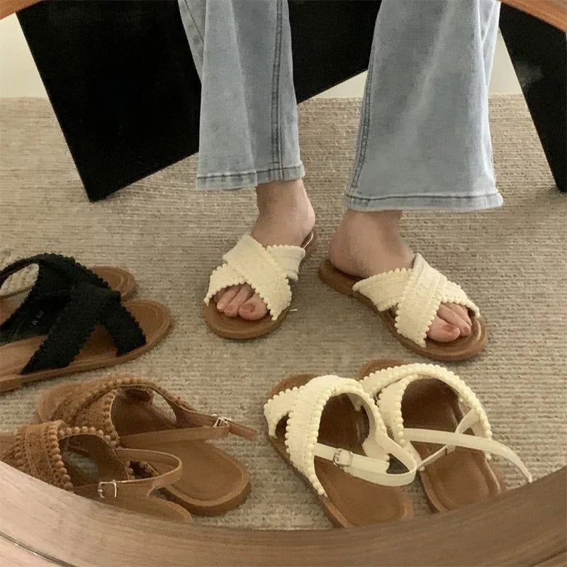 2024 Fashion Women Sandals Ladies Flat Roma Heels Knitted Summer Sandals Outside Cross Tied Leather Female Slides Woman Sandals
