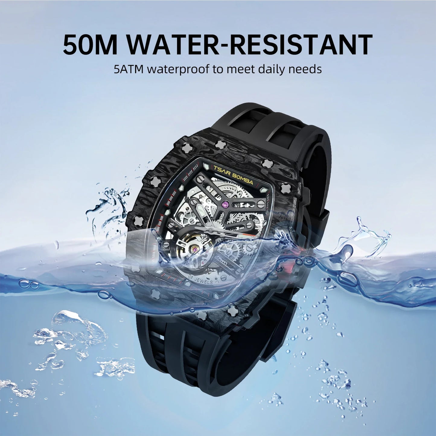 TSAR BOMBA Men's Automatic Mechanical Watch  Tonneau Shaped Skeleton Wristwatch 50M Water Resistance Sapphire Crystal Gift