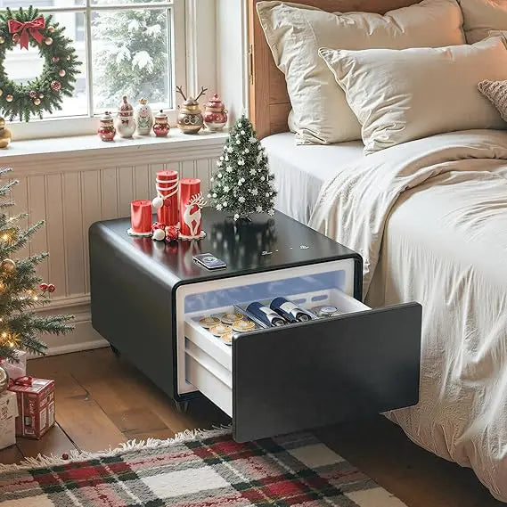 Smart Side Table, Nightstand with Built in Fridge, 27.7 D x 26.3 W x 18.1 H, Mini Coffee Table with 15W Wireless Charging