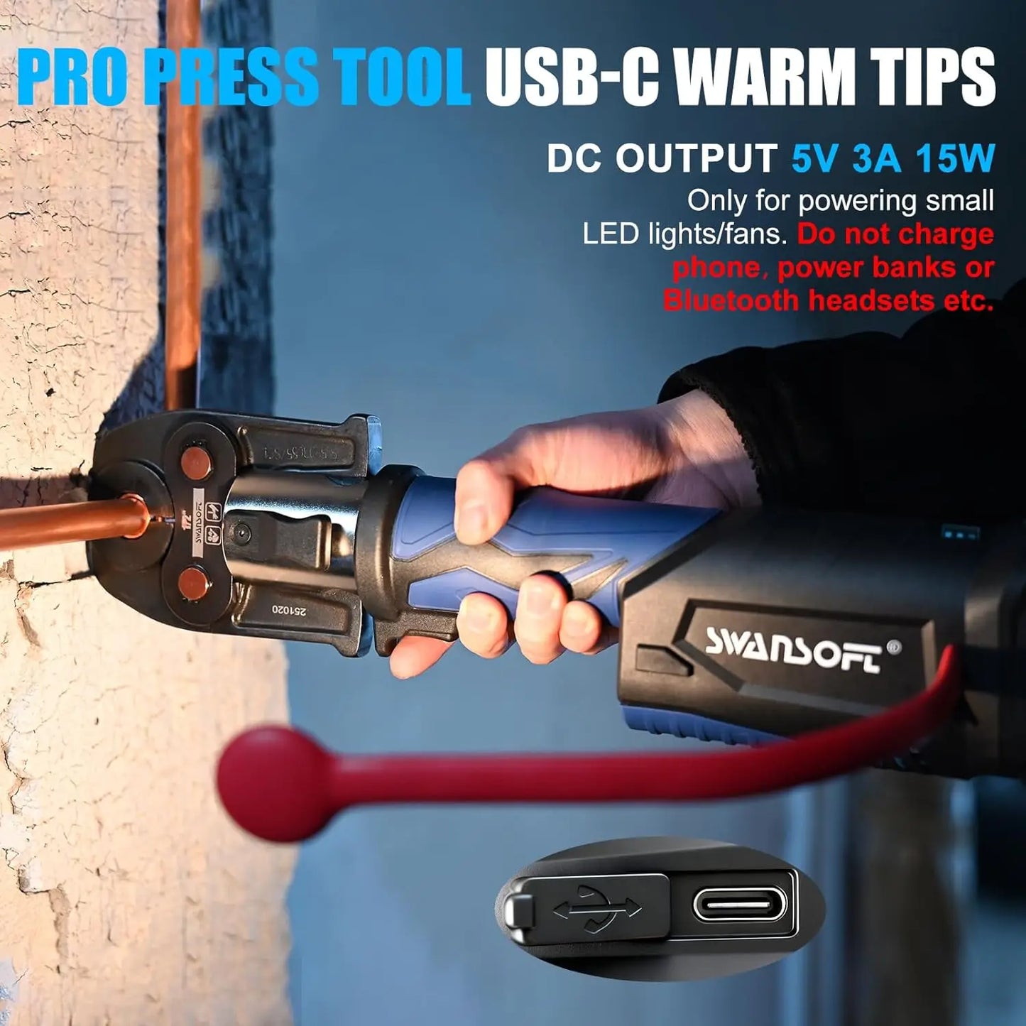 SWANSOFT ProPress Tool,18V 4Ah Battery Electric Hydraulic Crimping Tool for Copper Pipes with 3 Jaws 1/2",3/4",1"for Plumbing