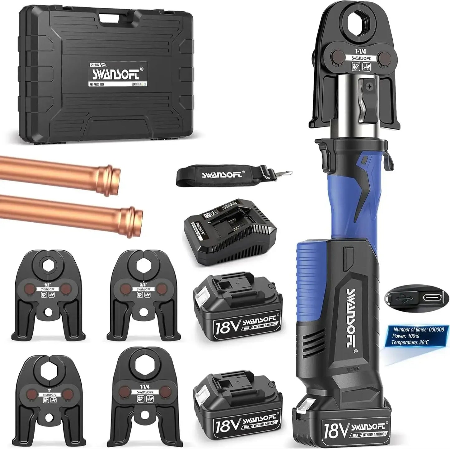 SWANSOFT Propress Tool,Copper Pipe Crimping Tool with 18V 4Ah Battery Pro Press Copper Crimper Tool with 4 Jaws 1/2",3/4'',1-1/4
