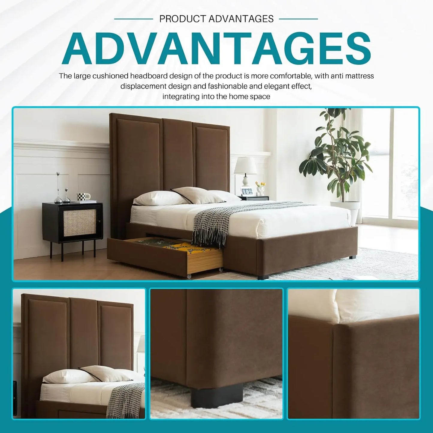 Queen Size Upholstered Platform Bed Frame with 64in High Headboard Storage Drawers Wood Slat Support Noise Free Brown Customized