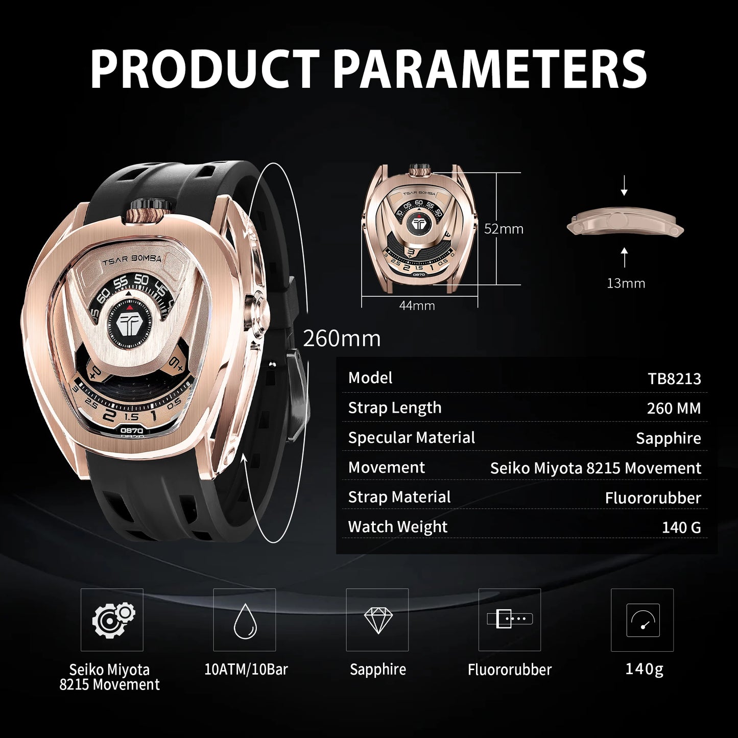 TSAR BOMBA Men Automatic Watch Japan Movement Quick Release Strap 100M Waterproof Stainless Steel Sport Business Wristwatch Gift
