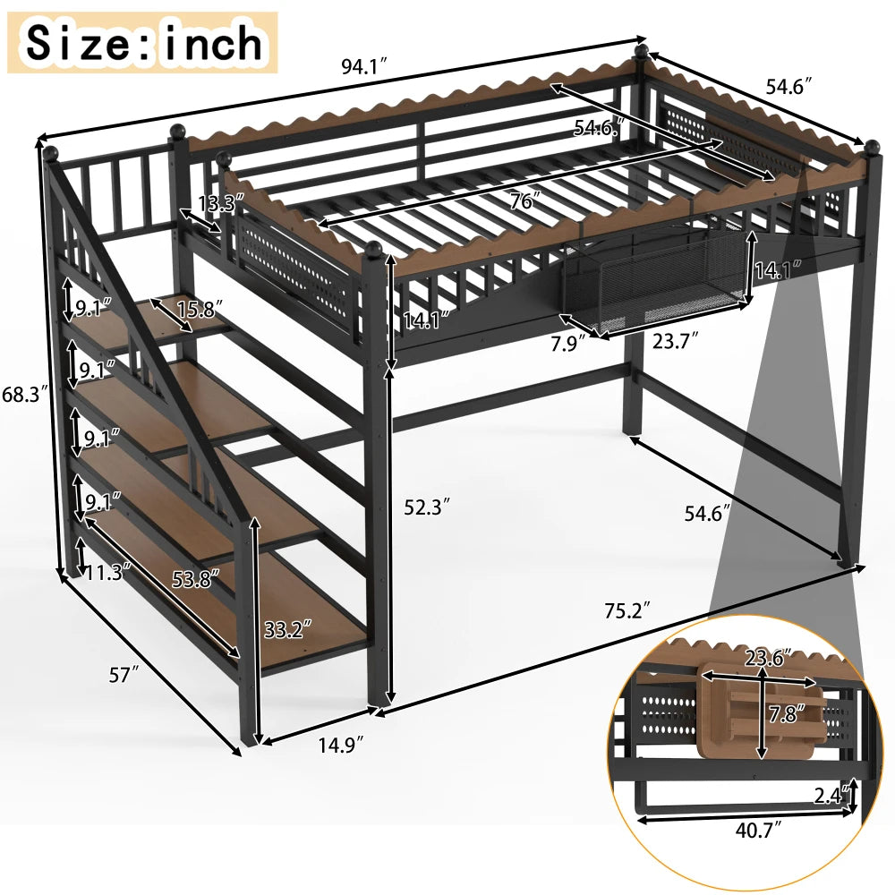 Full Size Loft Bed with Storage Stairs, Metal Loft Beds Frame with Storage Shelves and bookshelf,Black