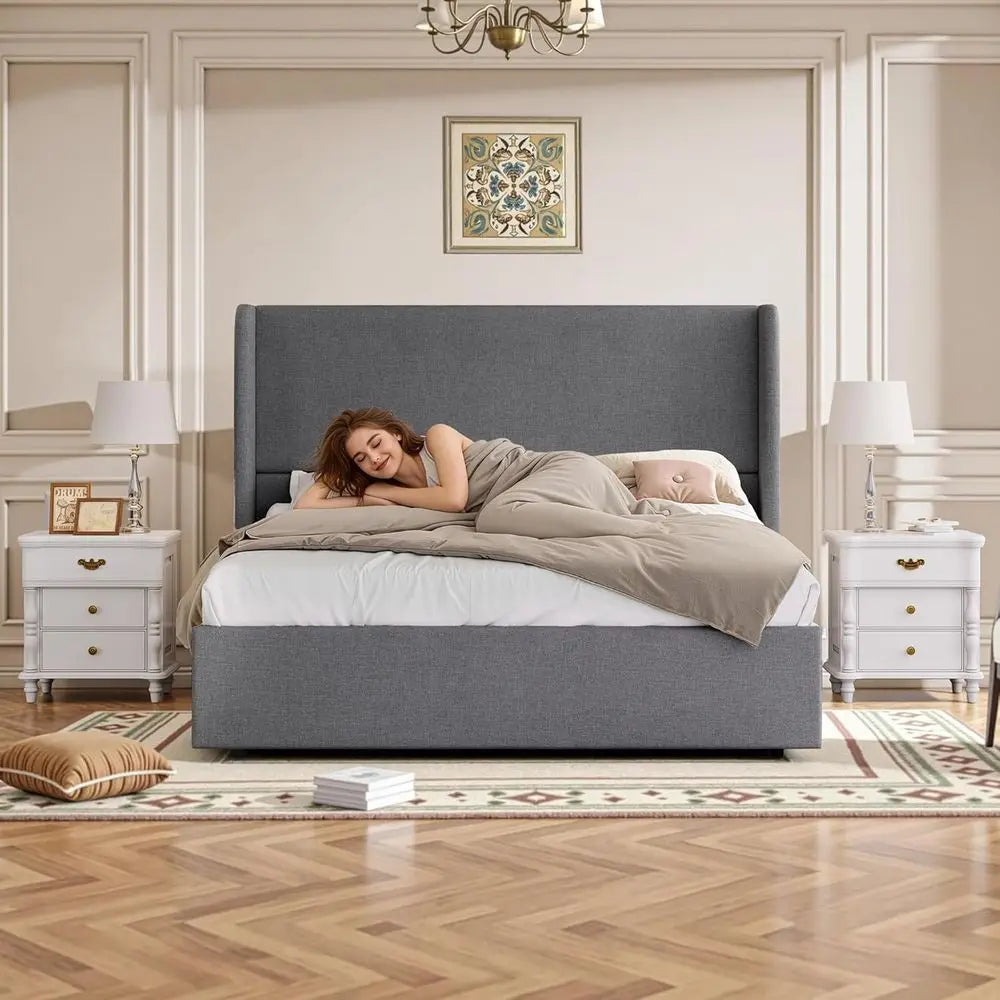 King Size Lit Storage Bed with 51.2 Wingback, Linen Upholstered, Hydraulic Lift, Metal Frame, No Box Spring Needed, Grey