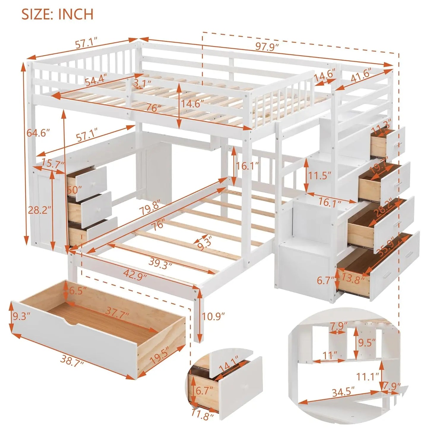Full Over Twin Bunk Bed with Desk, Drawers and Shelves, L Shaped Wood Bunk Bed Frame with Storage Staircase and, Customized
