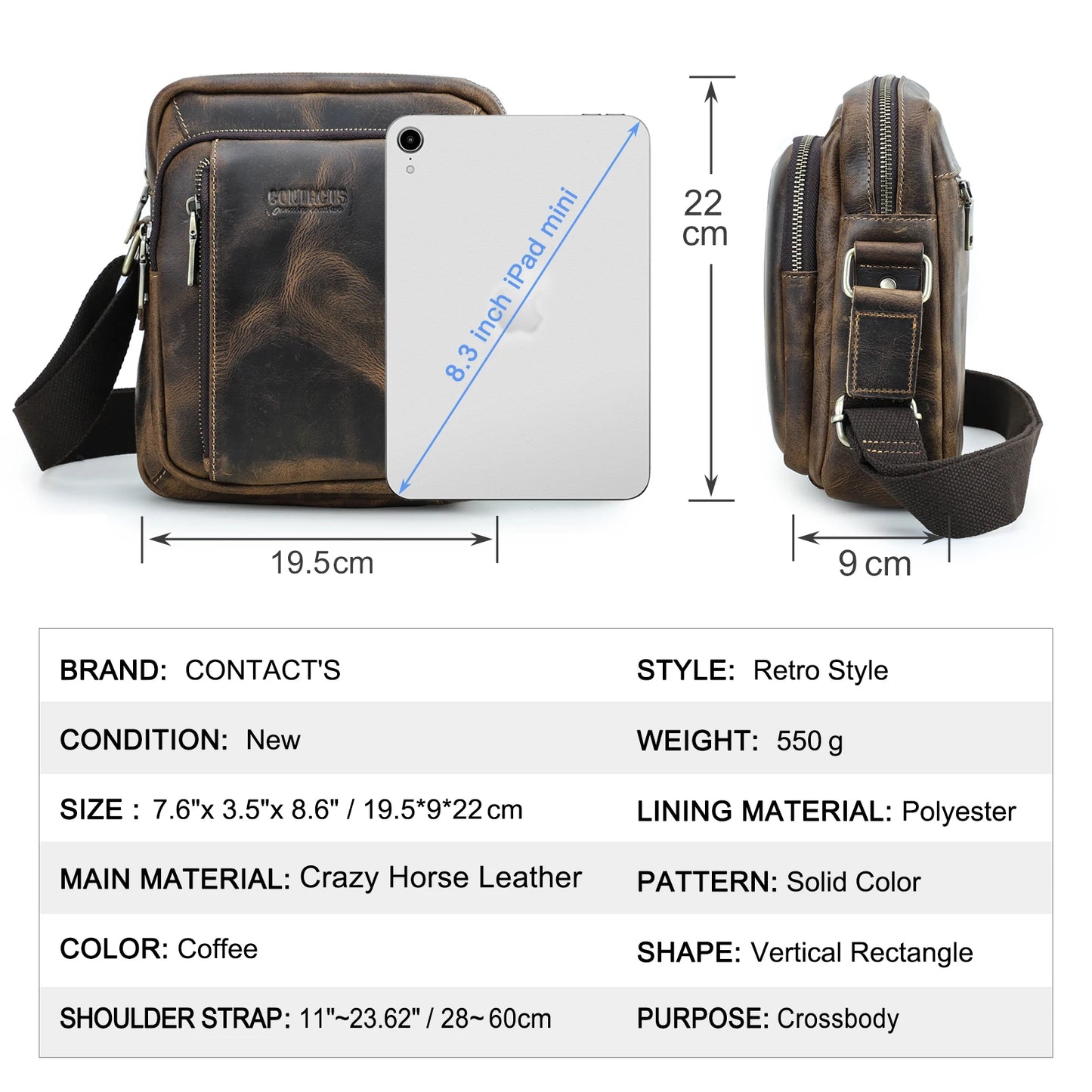 CONTACT'S Genuine Leather Sling Shoulder Bags for Men Vintage Small Messenger Bags Crossbody Bag Men's Bags for 8.3" iPad Mini