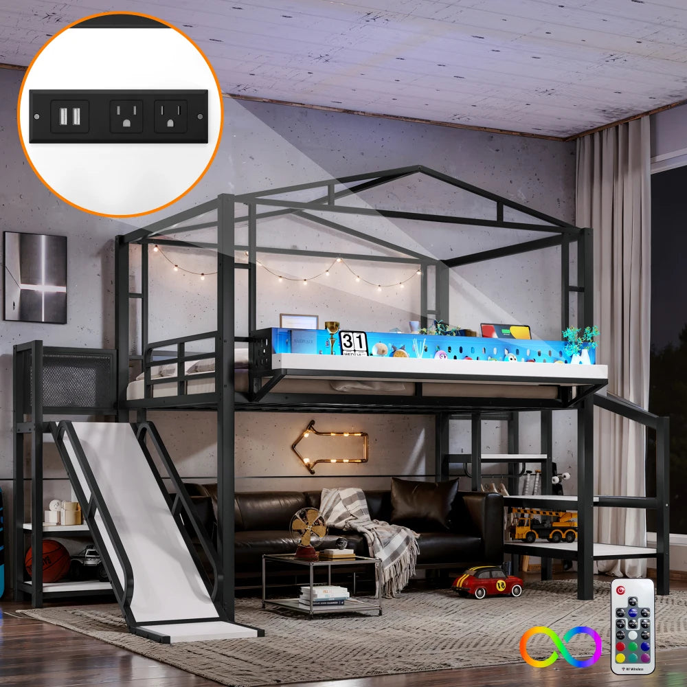Full Size Loft Bed with Storage Stairs, Shelves and Built-in Wardrobe, Metal Loft Bed Frame with USB Ports and LED Lights,Black