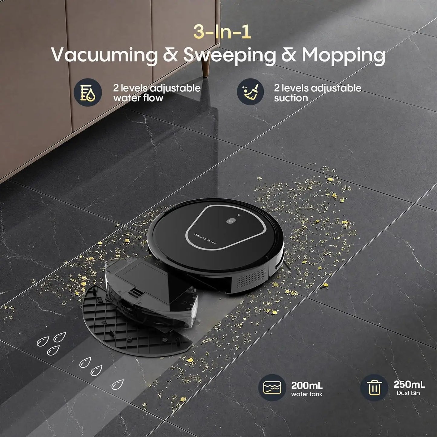 3-in-1 Robotic Vacuum Cleaner with 5000Pa Suction, Auto Recharge, App/WiFi/Voice Control for Hard Floors and Pet Hair