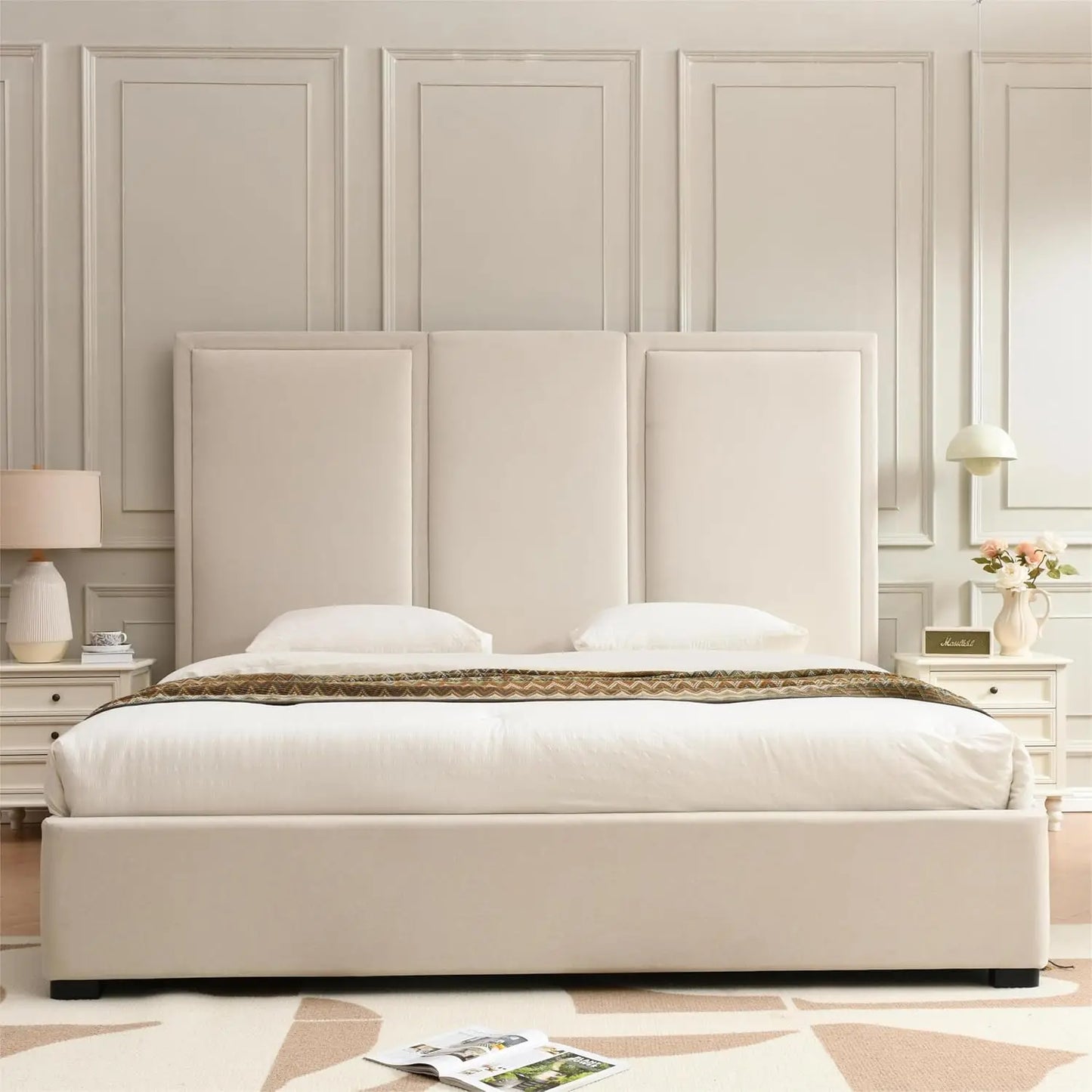King Size Upholstered Platform Bed Frame with 64-inch High Headboard Storage Drawers Wood Slat Support No Noise Customized
