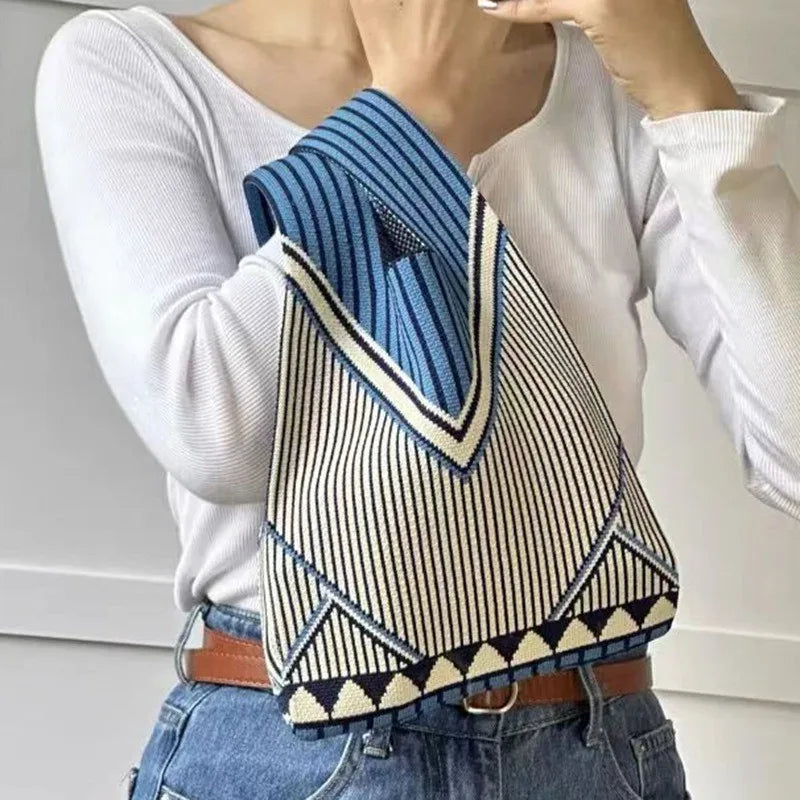 Women'S Knot Wrist Bag Tote Handmade Knitted Bag Portable Mini Striped Bucket Phone Bags Large Capacity Spring Summer Handbags