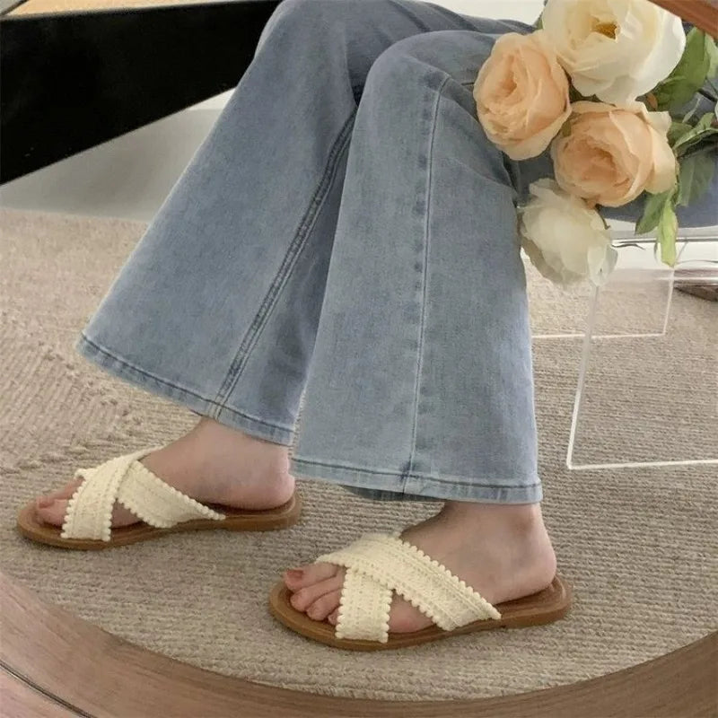 2024 Fashion Women Sandals Ladies Flat Roma Heels Knitted Summer Sandals Outside Cross Tied Leather Female Slides Woman Sandals