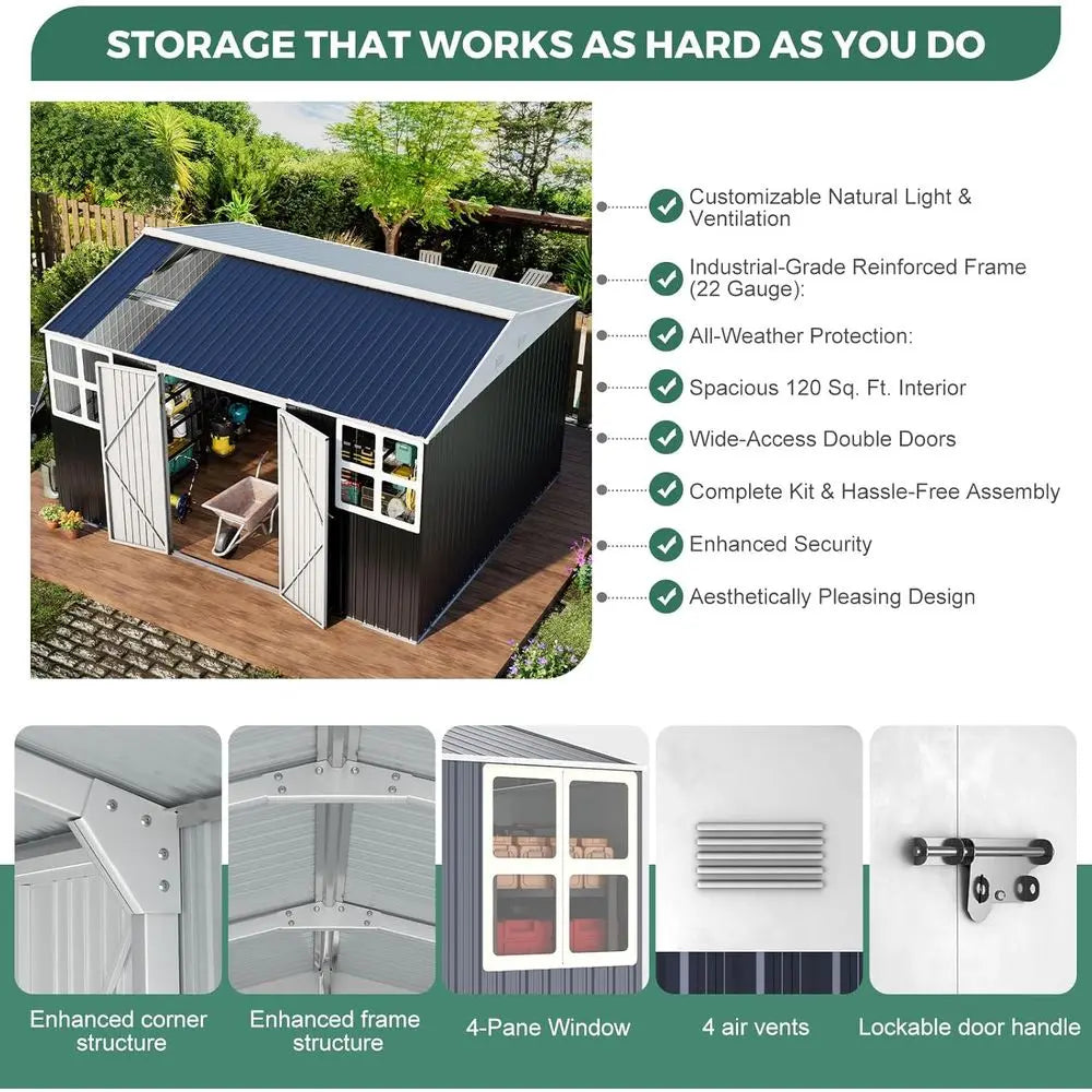Heavy-Duty 12x10 Metal Shed with 20-Gauge Reinforcement, Powder Coating, 50 PS Load and 120 MPH Wind Resistance for Tiny House S