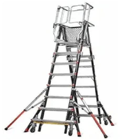 8 to 14 ft Fiberglass Adjustable Safety Cage Platform Stepladder, 375 lb Capacity