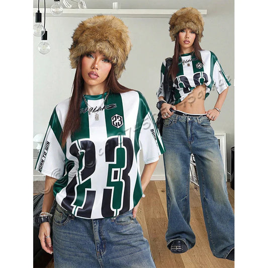Women's Summer Rave Y2K Blockcore Game Day Athleisure Striped Number Pattern Athleisure Over Size Football Jersey T-Shirt Top