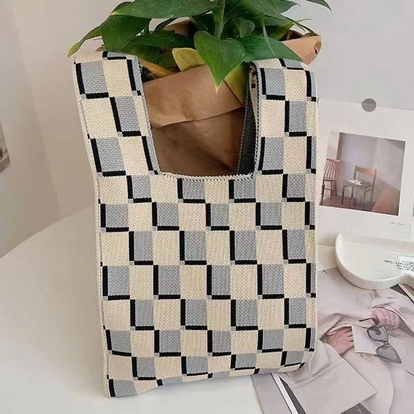Women'S Knot Wrist Bag Tote Handmade Knitted Bag Portable Mini Striped Bucket Phone Bags Large Capacity Spring Summer Handbags