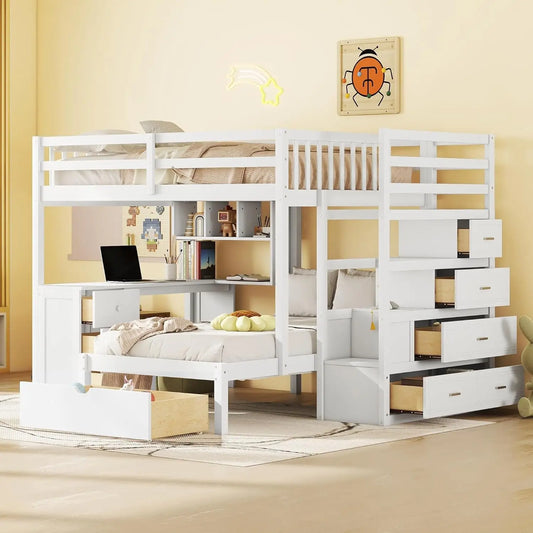 Full Over Twin Bunk Bed with Desk, Drawers and Shelves, L Shaped Wood Bunk Bed Frame with Storage Staircase and, Customized