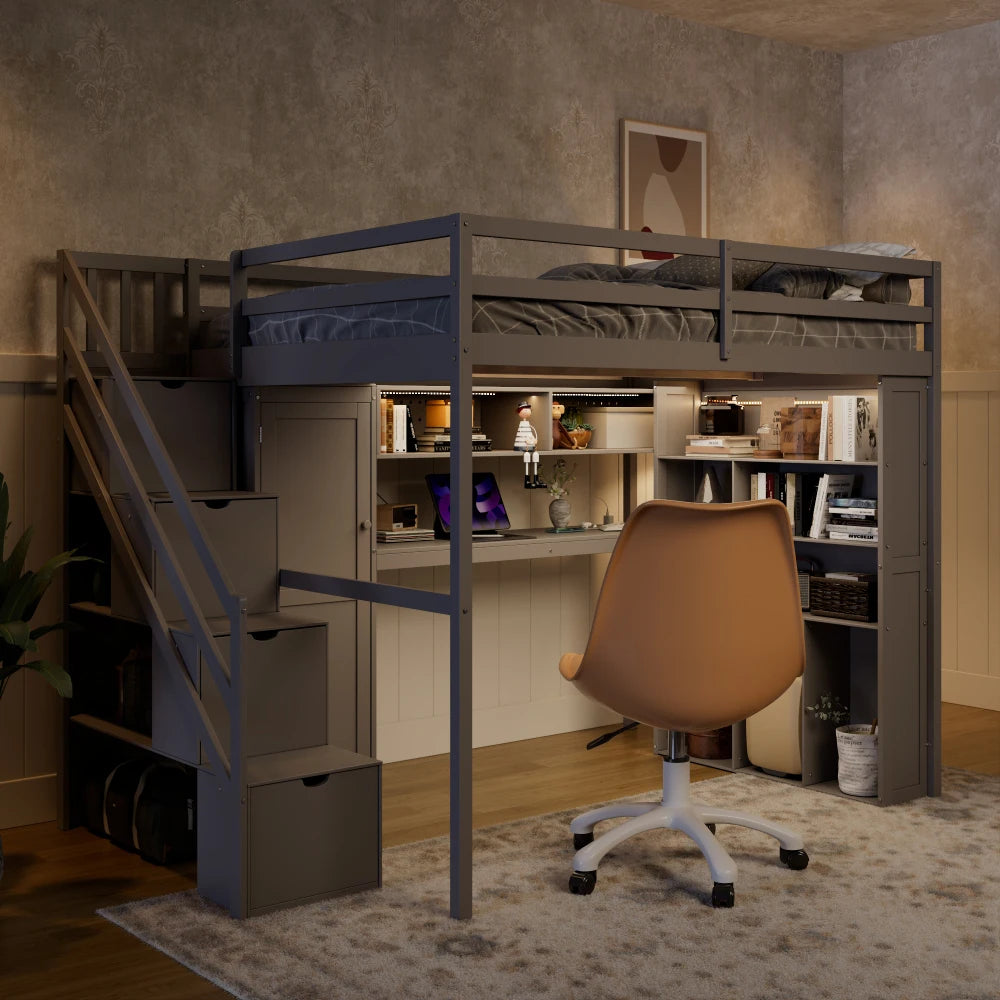 Full Loft Bed Frame with Built-In Wardrobe, Study Desk, Storage Shelves &  Lights, Space-Saving Design for Bedroom-GREY