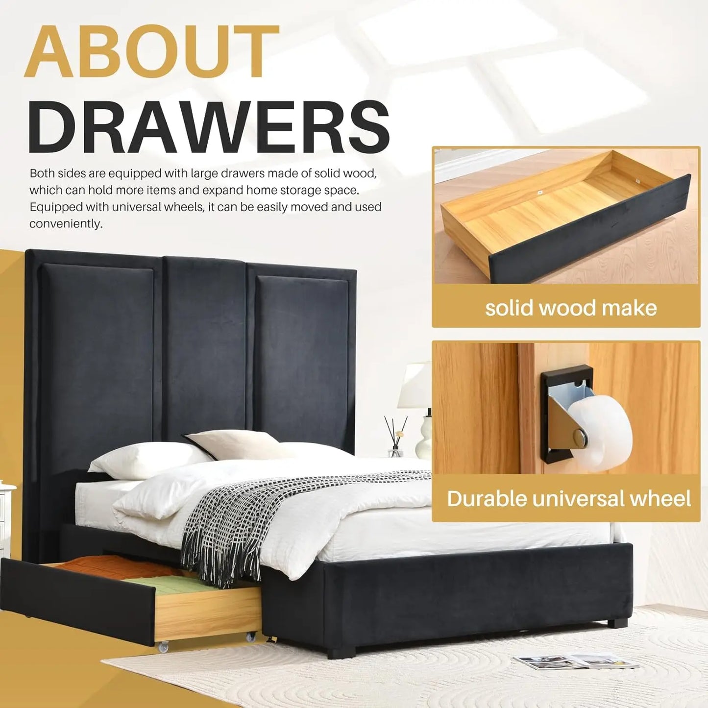 Queen Upholstered Platform Bed Frame with 64in High Headboard Storage Drawers Wood Slat Support No Noise Ink Blue Customized