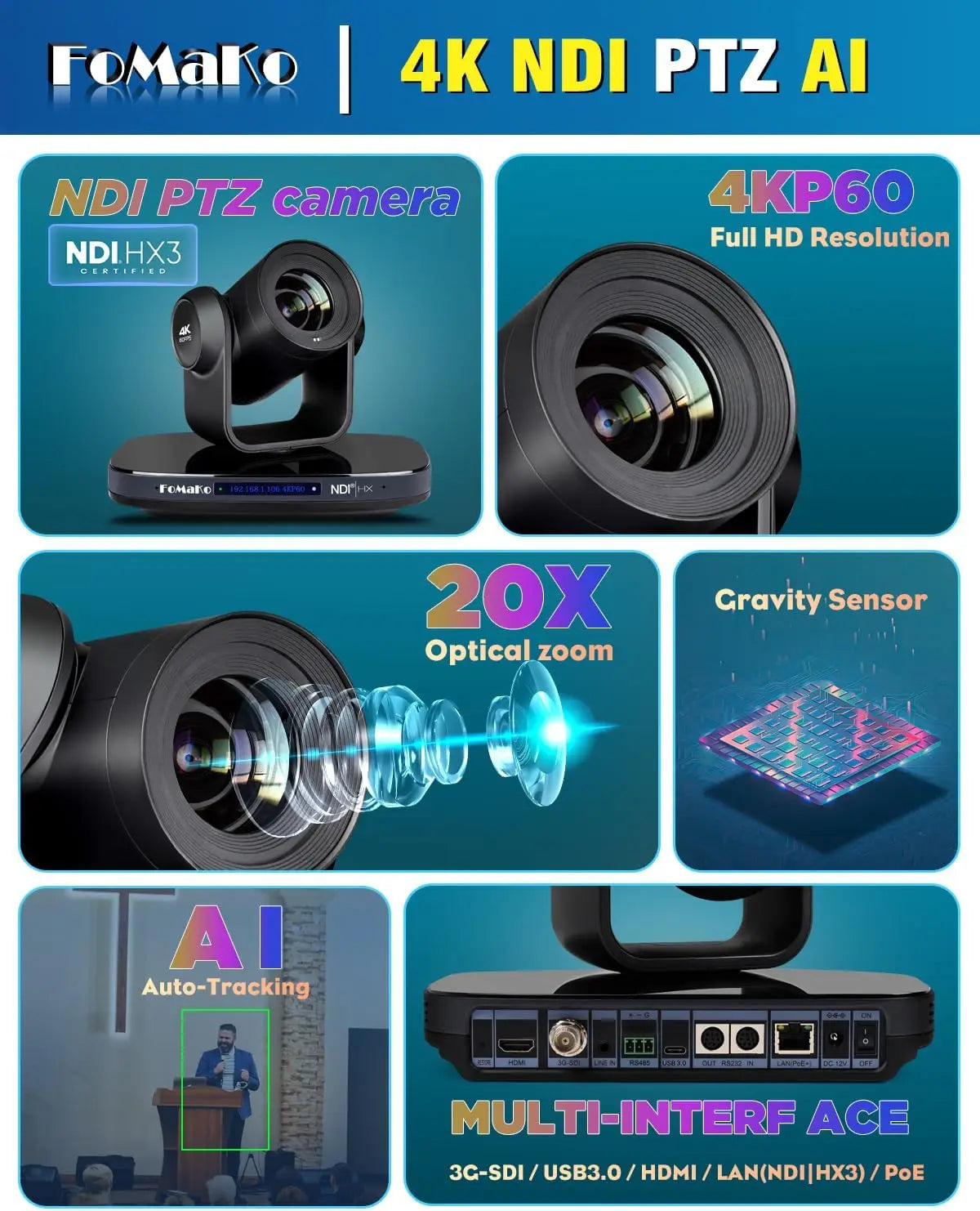 FoMaKo 4K NDI Camera 60FPS 20X Optical Zoom AI Auto-Tracking+KC608 IP PTZ Controller, K820N+KC608 PTZ Camera Bundle Kits