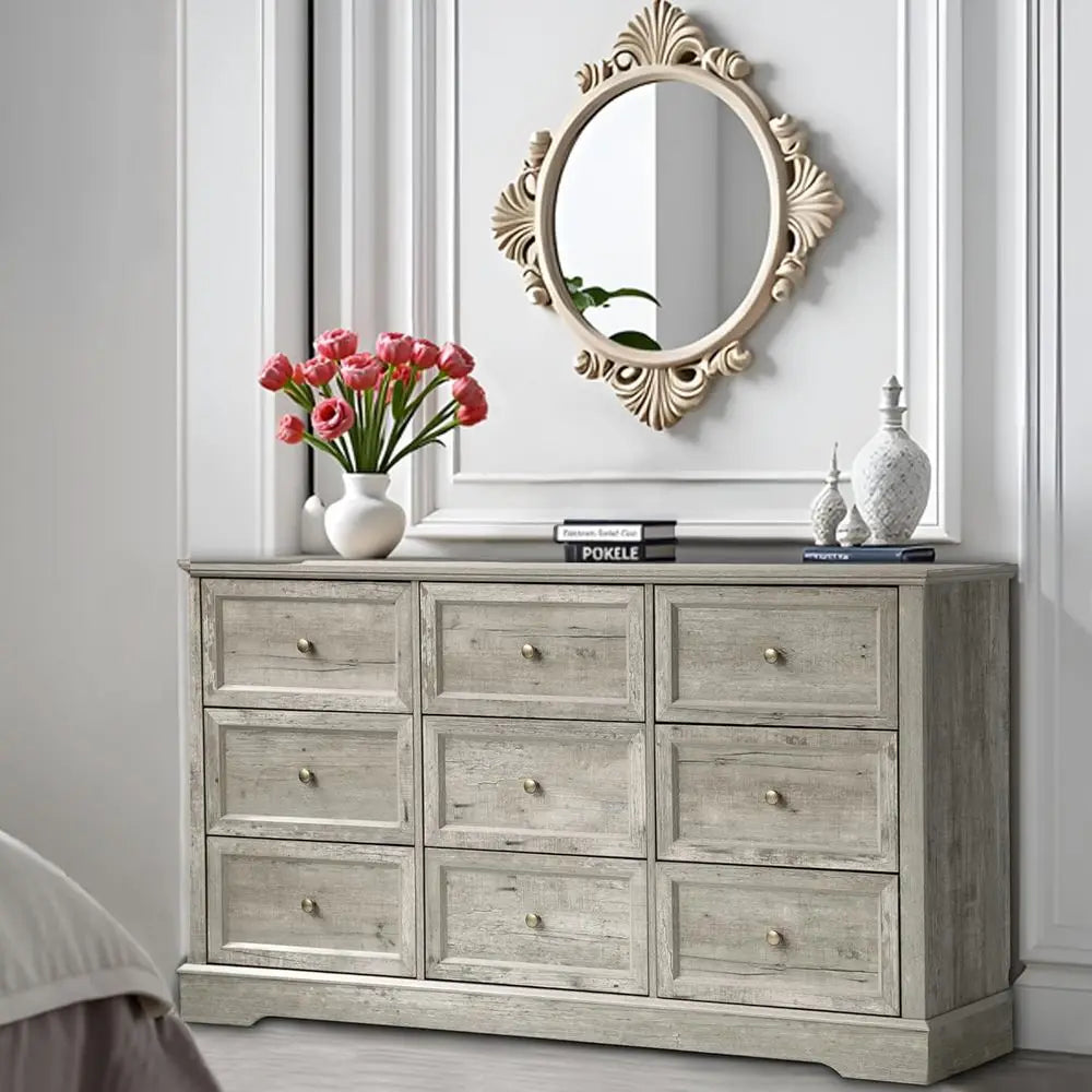 4-Piece Bedroom Set with 9-Drawer Dresser, 5-Drawer Chest, and Nightstand with Charging Station (Grey)