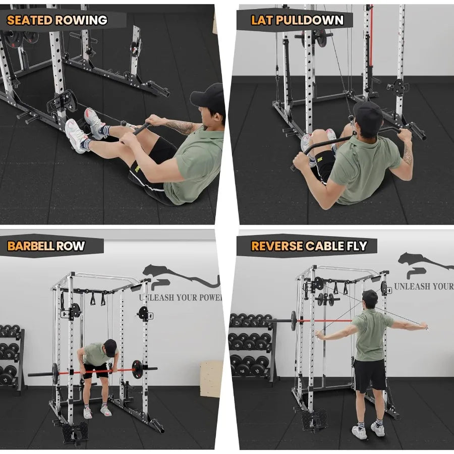 Power Cage 2000 LBS MultiFunction Power Rack with LAT Pull Down Pulley System Strength Training Squat Rack with Cable CrossOver