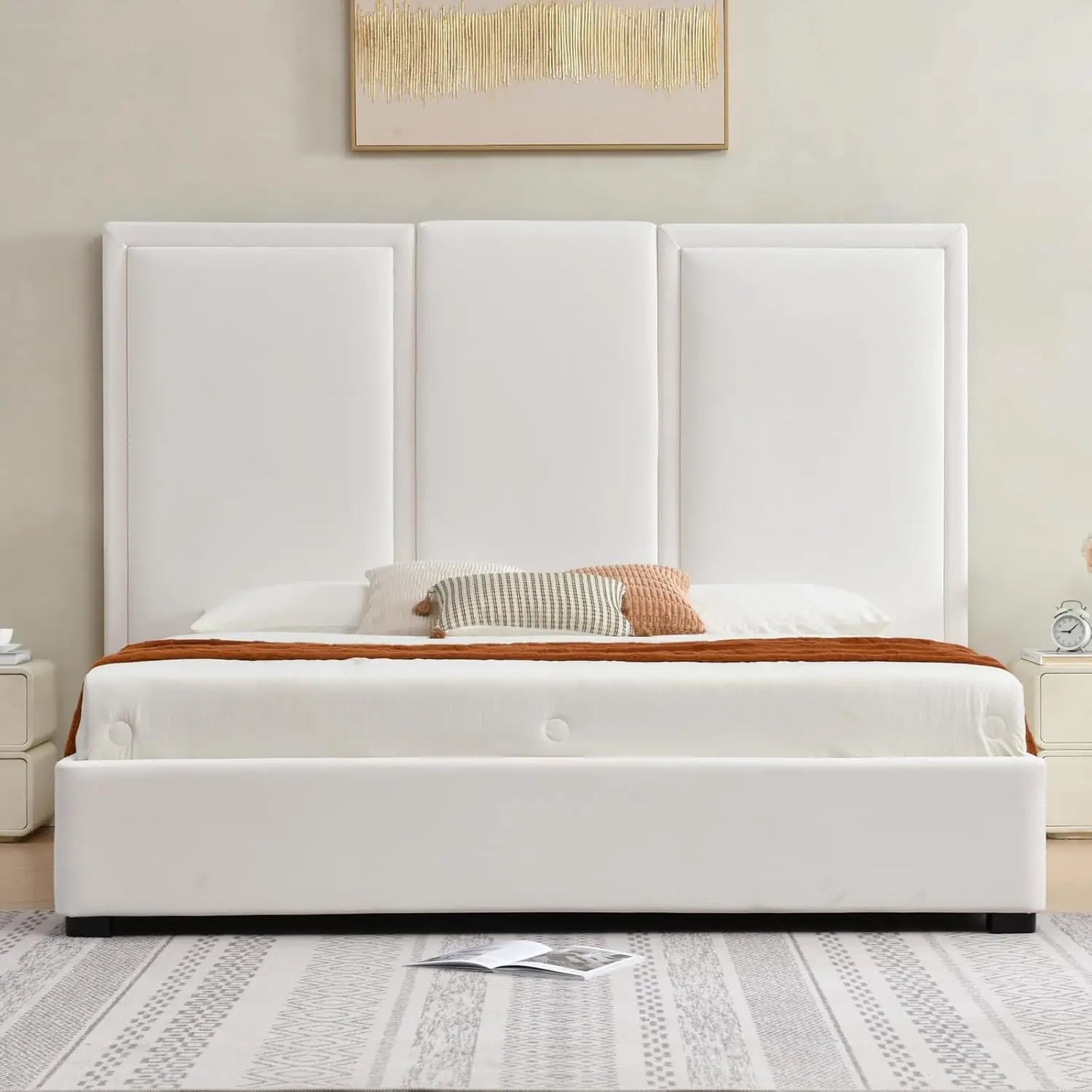 King Size Upholstered Platform Bed Frame with 64in High Headboard Storage Drawers Wood Slat Support No Noise White Customized