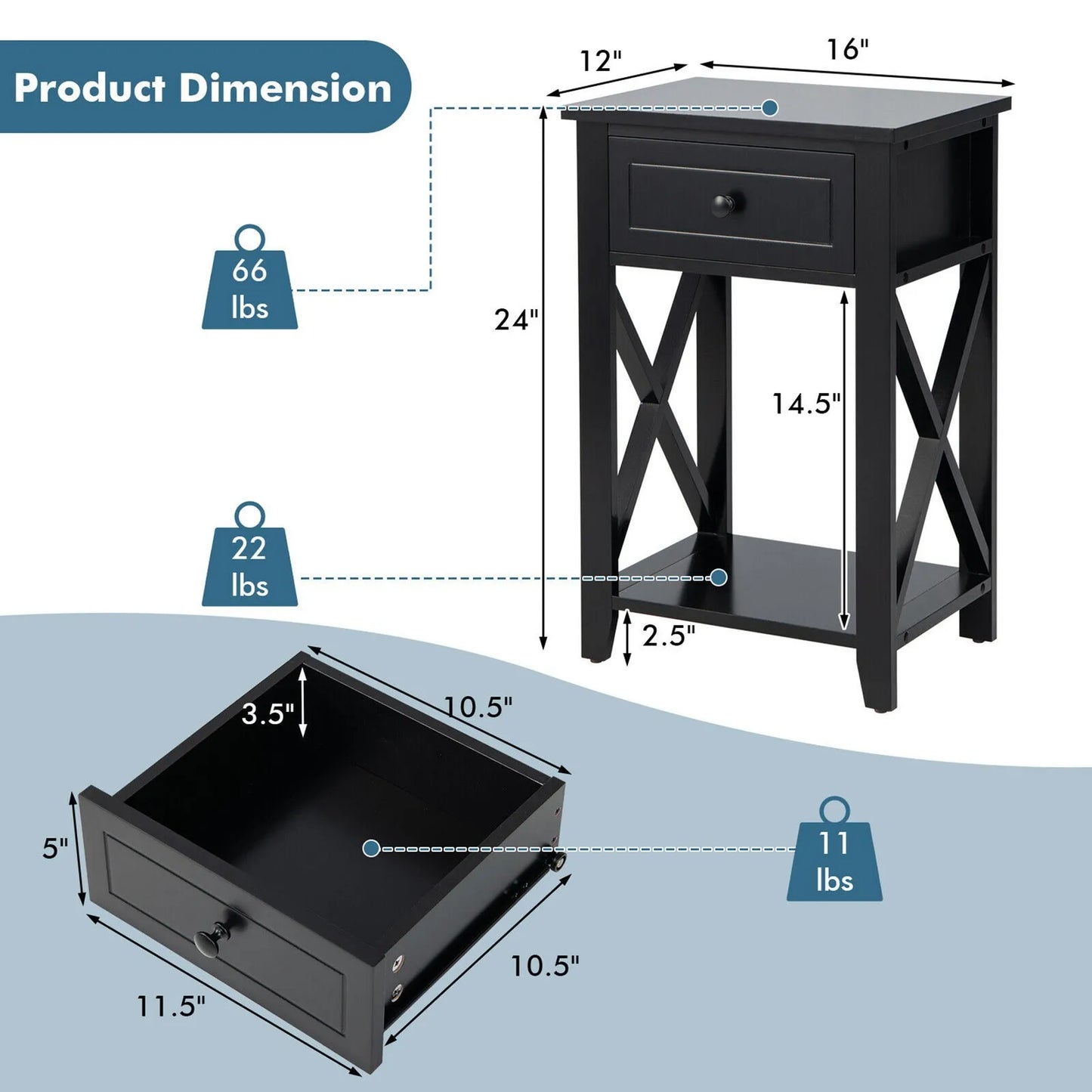 Nightstand Sofa Side End Table X-Design w/ Shelf Drawer Black