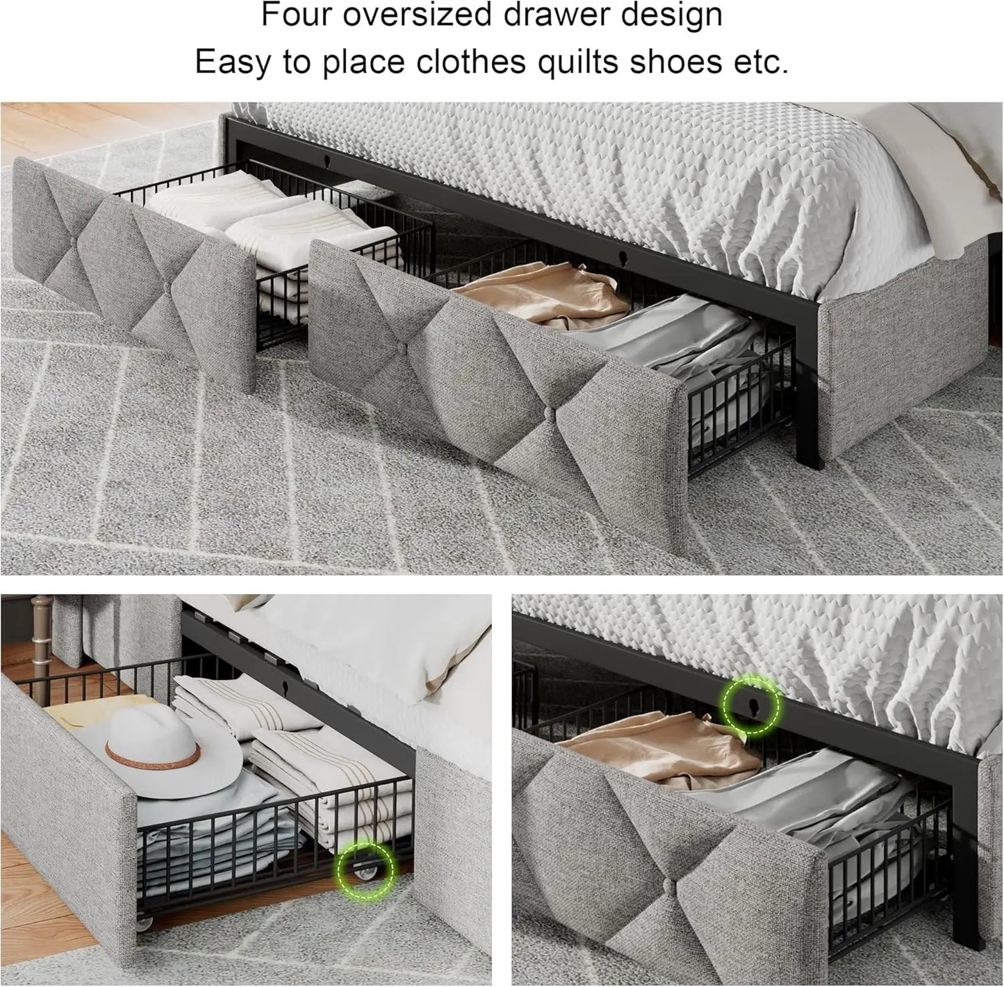 Queen Bed Frame With 4 Storage Drawers Upholstered Button Tufted Headboard Fast Charging Station
