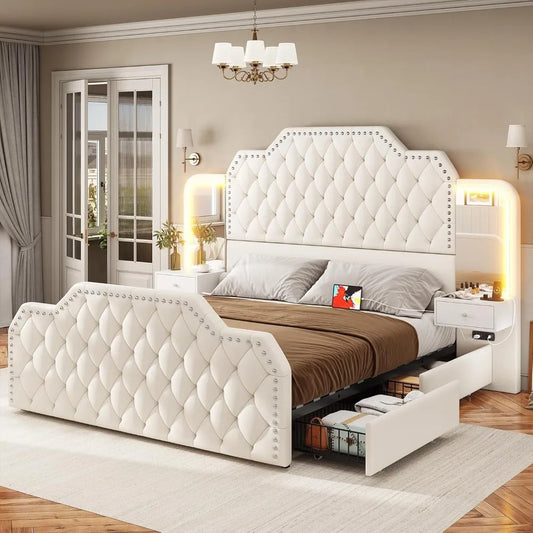 Queen Size Bed Frame with 2 Nightstands with Mirror, Upholstered Platform Bed