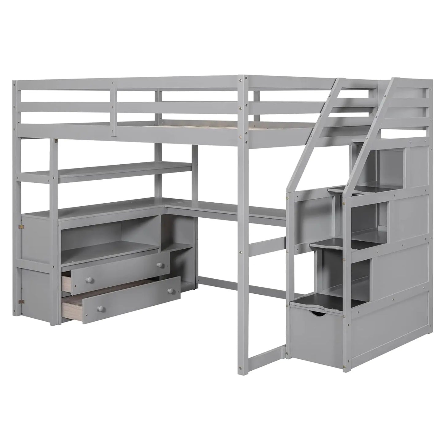 Full Size Loft Bed with Desk, Wood Full Loft Bed Frame with Shelves, 2 Built-in Drawers and Storage Staircase, Gray, Customized