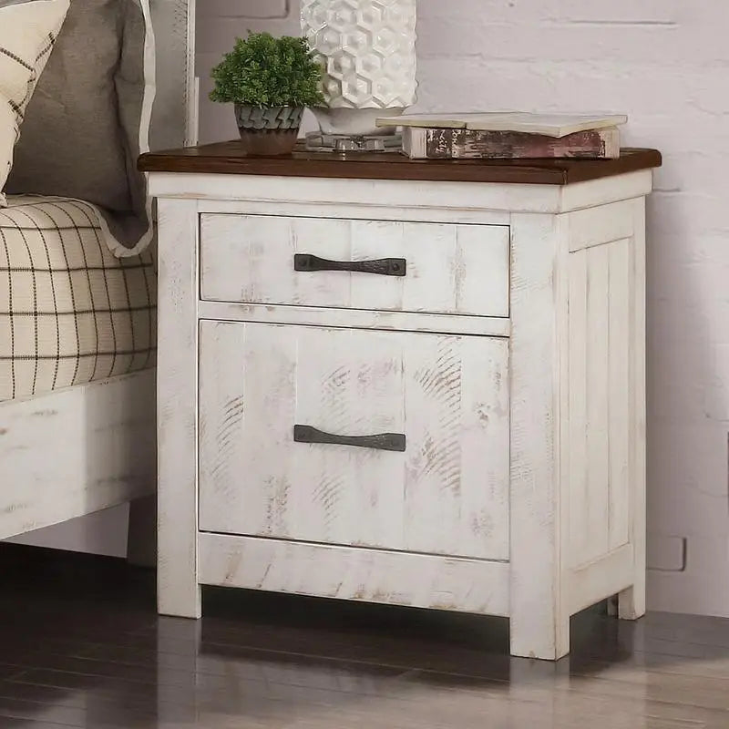 Transitional Style Distressed White Nightstand with Brass Arch Pull, 2-Drawer Bedside Table, Solid Wood Bedroom Furniture