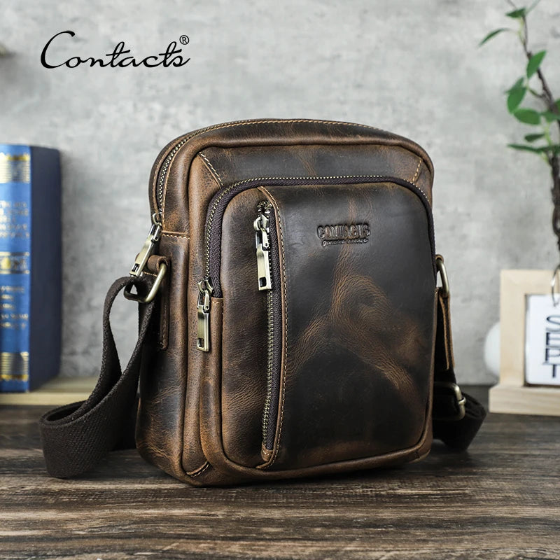 CONTACT'S Genuine Leather Sling Shoulder Bags for Men Vintage Small Messenger Bags Crossbody Bag Men's Bags for 8.3" iPad Mini