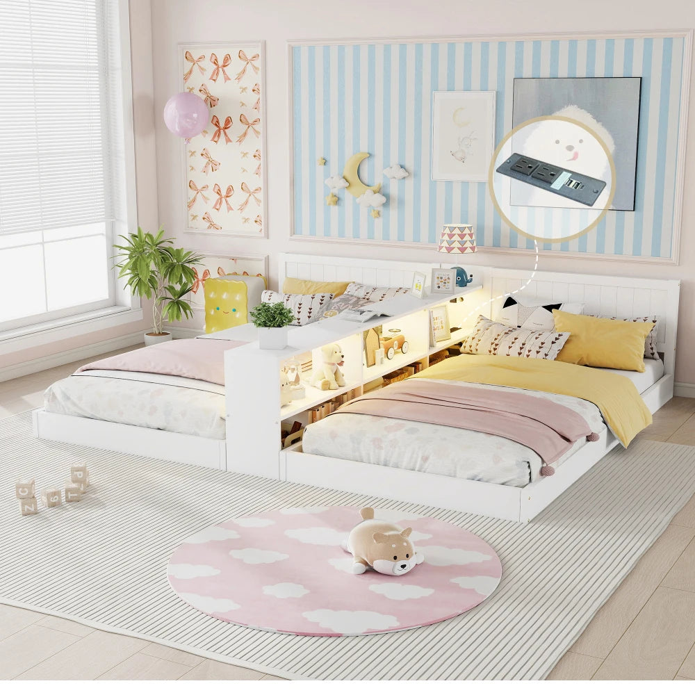 Double Twin Size Bed Frame with Storage,Twin Floor Bed with Light & Charging Station, Convertible 2 Twin Beds for 2 Kids,White