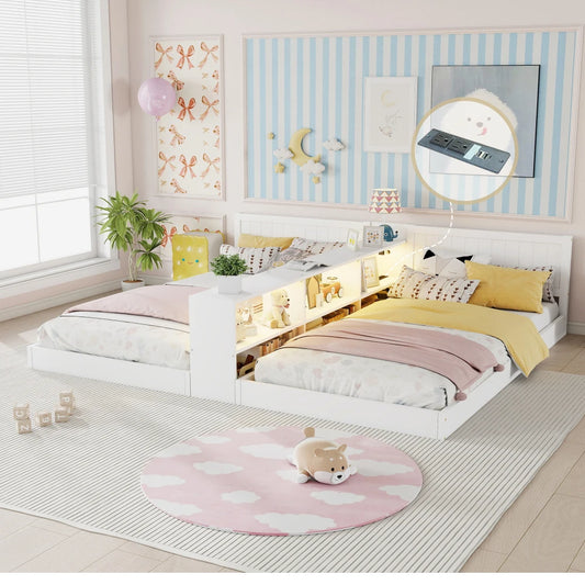 Double Twin Size Bed Frame with Storage,Twin Floor Bed with Light & Charging Station, Convertible 2 Twin Beds for 2 Kids,White