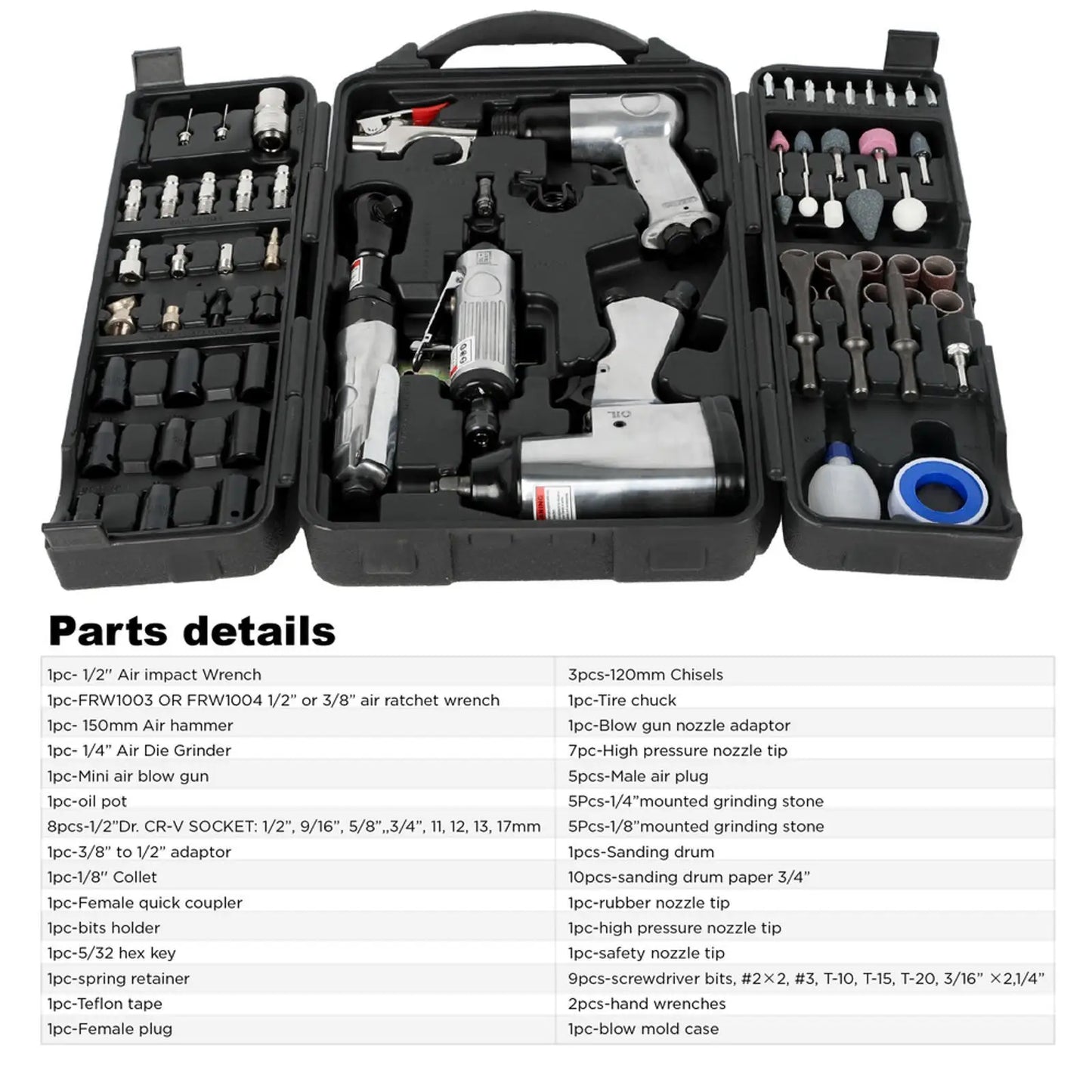 Complete Air Tool Set with Pneumatic Hammer Ratchet and Grinding Kit for Garage Workshop and Vehicle Repair