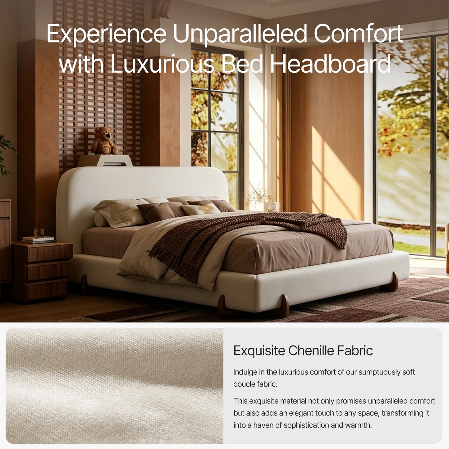 King Size Cloud Bed Frame, White Upholstered Platform Bed Frame with Soft Headboard, Wood Solid Legs, No B，Easy Assembly