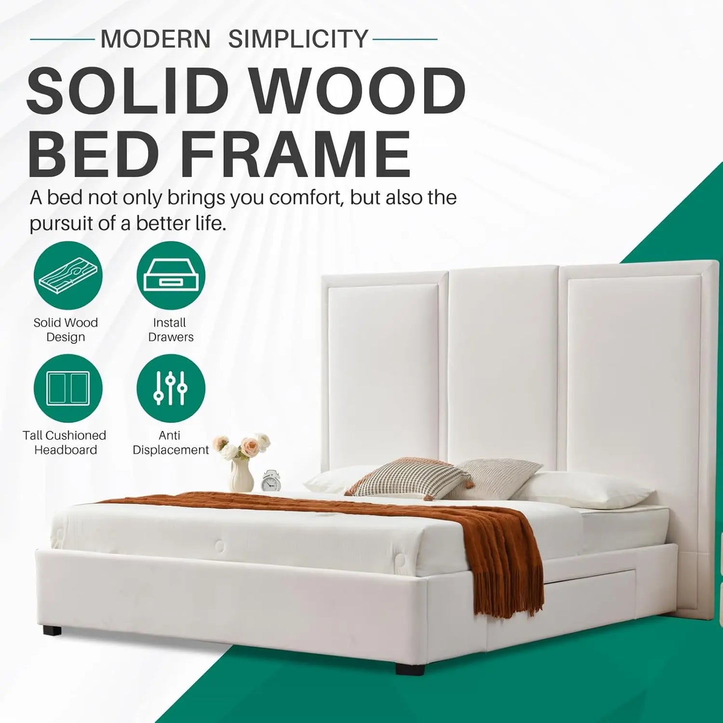 King Size Upholstered Platform Bed Frame with 64in High Headboard Storage Drawers Wood Slat Support No Noise White Customized