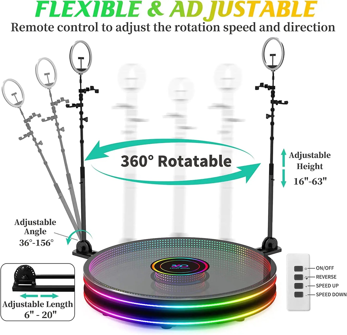 Infinity Glass 360 Photo Booth Machine 80cm 100cm Tempered Glass Platform RGB LED Light Ship from US/EU For Wedding Event Rental