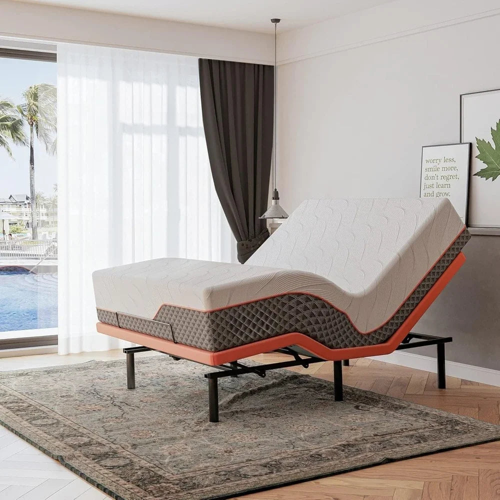 Adjustable Queen Bed Frame - 14" Luxury Gel Memory Foam Hybrid Mattress, 609 Pocket Springs, Massage Function