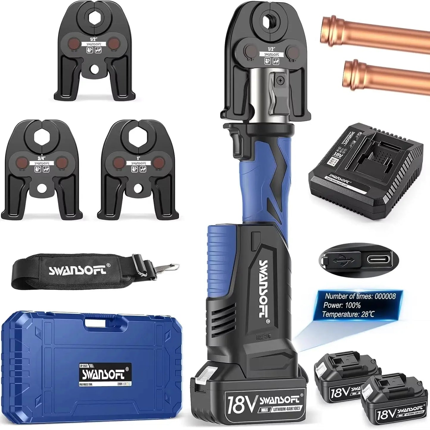 SWANSOFT ProPress Tool,18V 4Ah Battery Electric Hydraulic Crimping Tool for Copper Pipes with 3 Jaws 1/2",3/4",1"for Plumbing