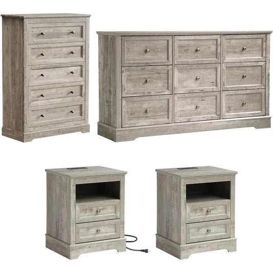 4-Piece Bedroom Set with 9-Drawer Dresser, 5-Drawer Chest, and Nightstand with Charging Station (Grey)