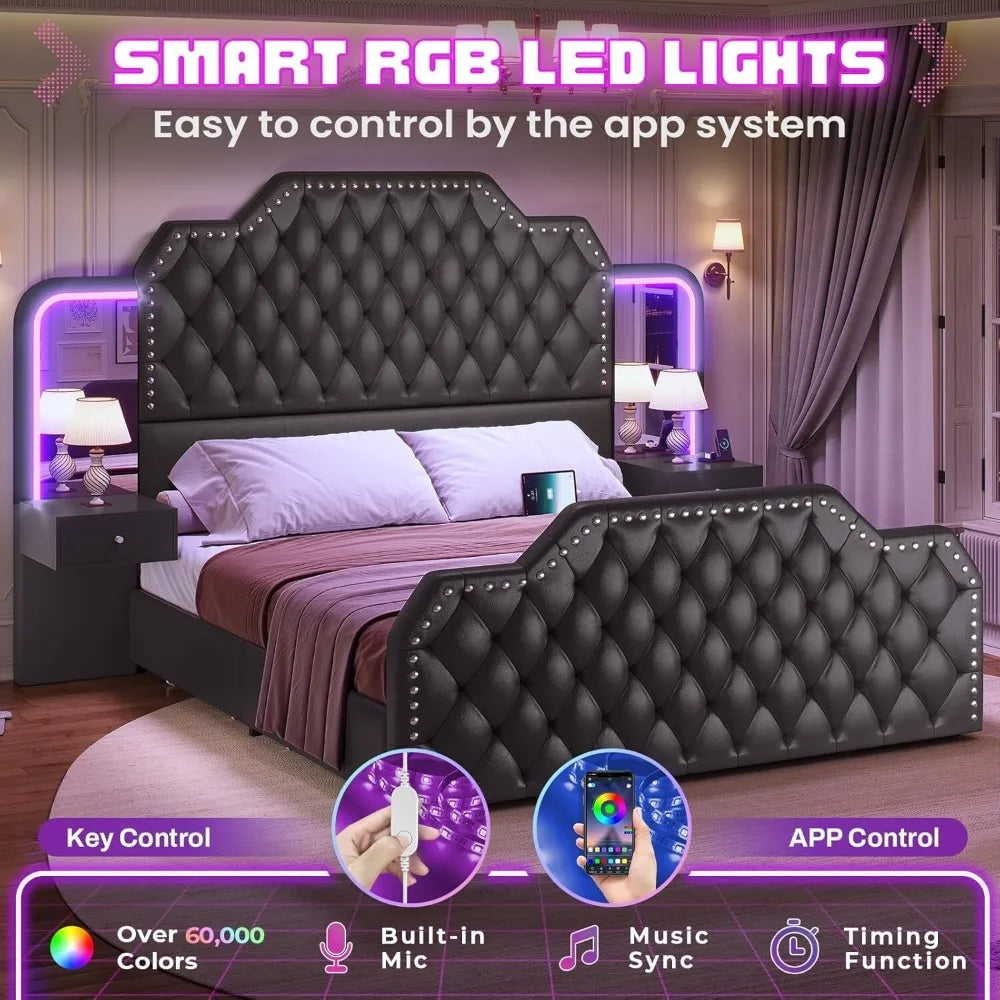 Queen Bed Frame with 2 Nightstands with Mirror, Led Platform Bed with 4 Drawers