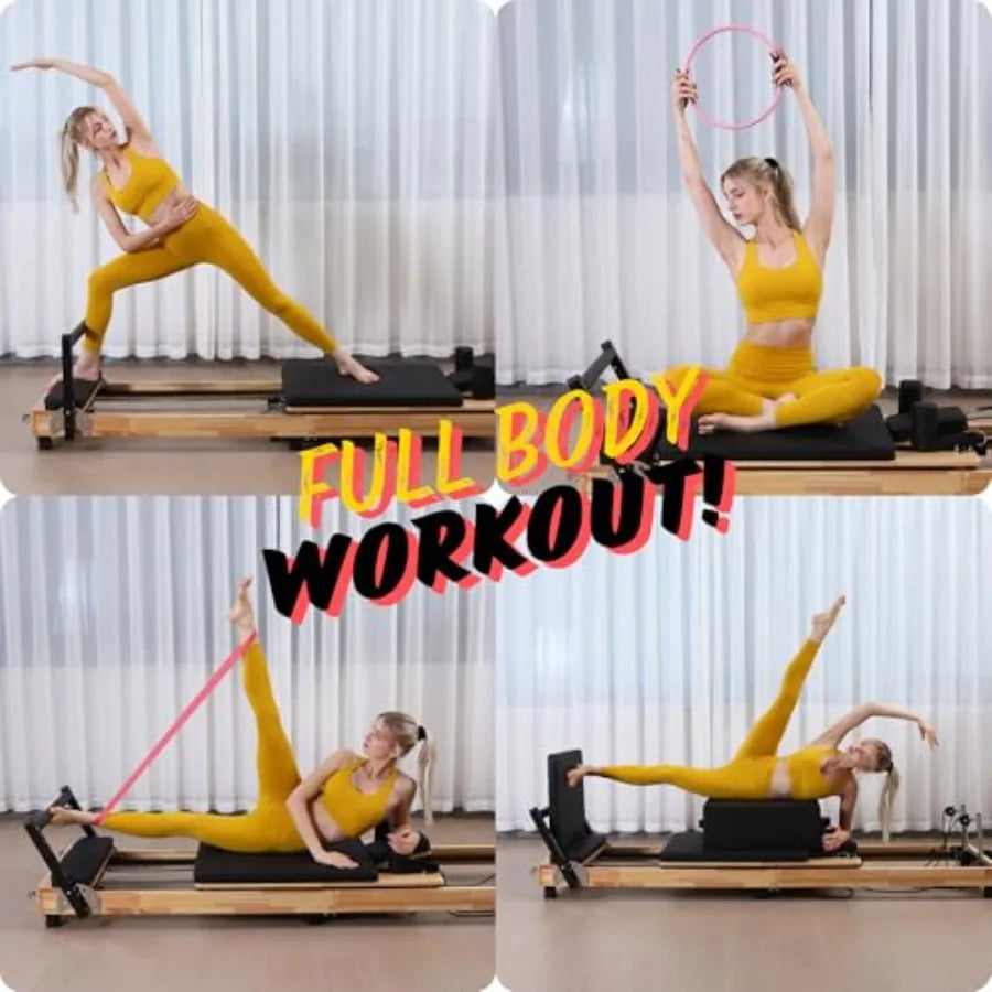 MAX4.0 Pilates Reformer Wood Home Workout Machine with Pilates Ring Yoga Bands Jumpboard High-Resistance Springs Foldable Desig